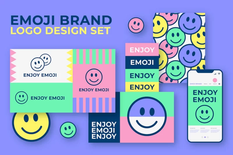 Colorful emoji logo collection and stationery pack Free Vector