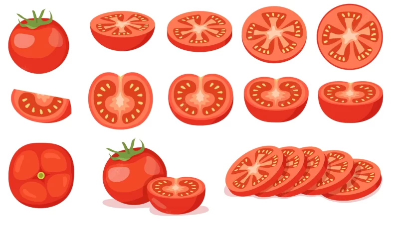 Colorful set of cut and full red tomatoes. cartoon illustration Free Vector