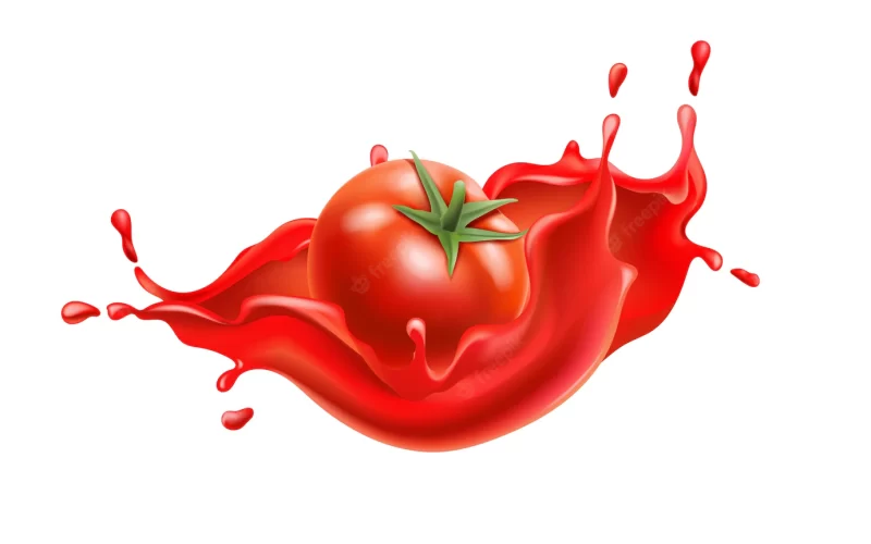 Composition of a tomato submerged in flowing red liquid. Free Vector