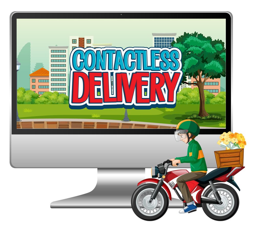 Computer With Bike Man Courier Contactless Delivery Logo 1308 53414