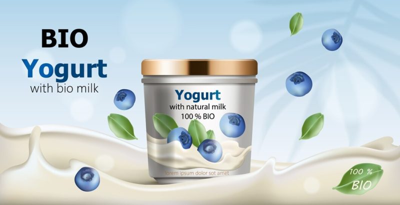 Container surrounded by flowing yogurt from natural milk Free Vector