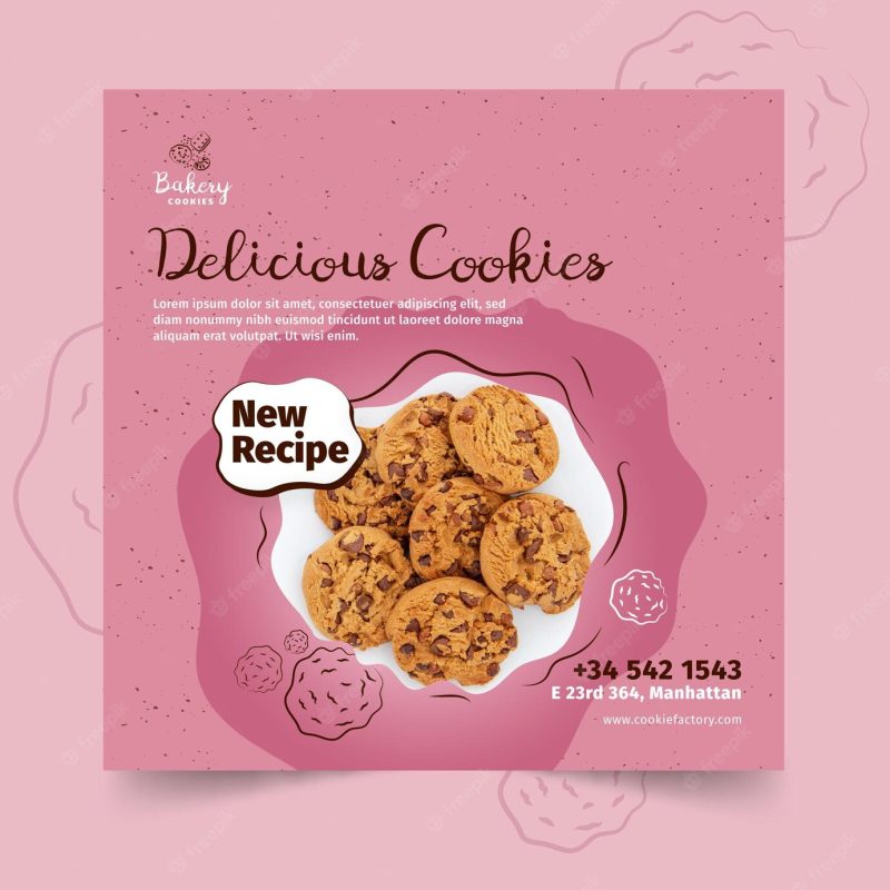 Cookies square flyer template with photo Free Vector