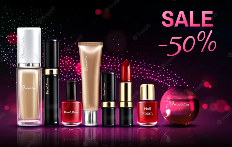 Cosmetics beauty products for makeup sale banner with glowing neon background and pink sparkles Free Vector