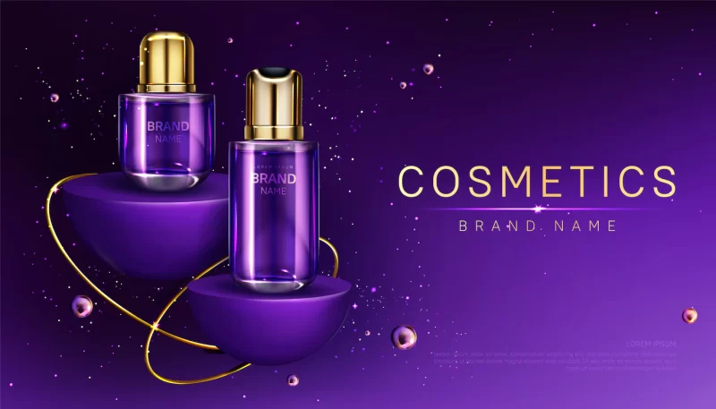 Cosmetics bottles on podium perfume ad banner Free Vector