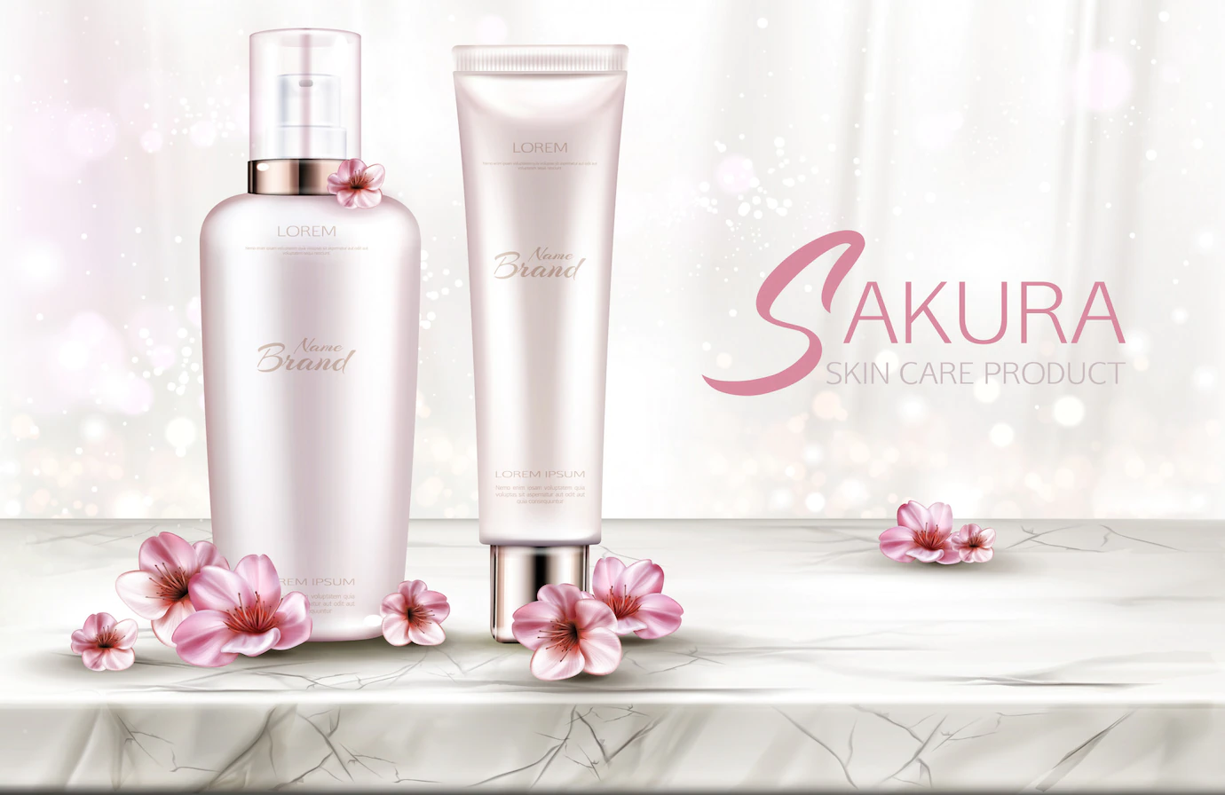 Cosmetics Bottles Skin Care Beauty Product Line With Sakura Flowers Marble Table Top 33099 1559