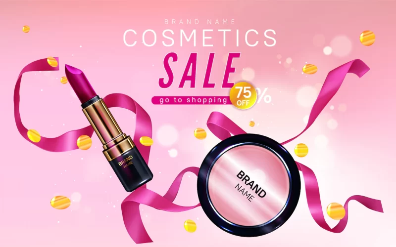 Cosmetics sale banner with lipstick, blush make up Free Vector