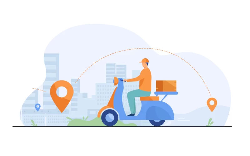 Courier shipping package at moped flat illustration Free Vector