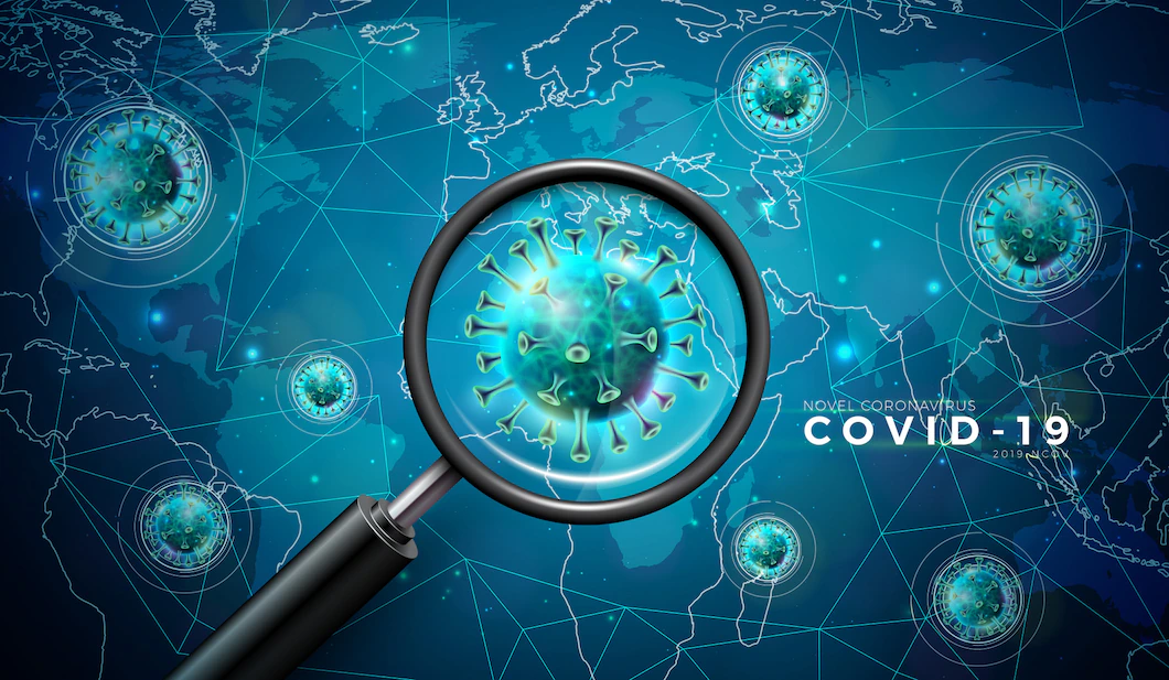 Covid 19 Coronavirus Outbreak Design With Virus Cell Magnifying Glass Microscopic View World Map Background 1314 2698