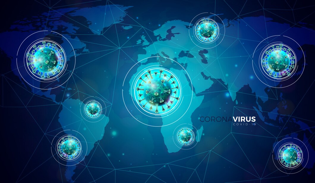 Covid 19 Coronavirus Outbreak Design With Virus Cell Microscopic View Abstract Blue World Map Background Dangerous Sars Epidemic Illustration Promotional Banner Flyer 1314 2646