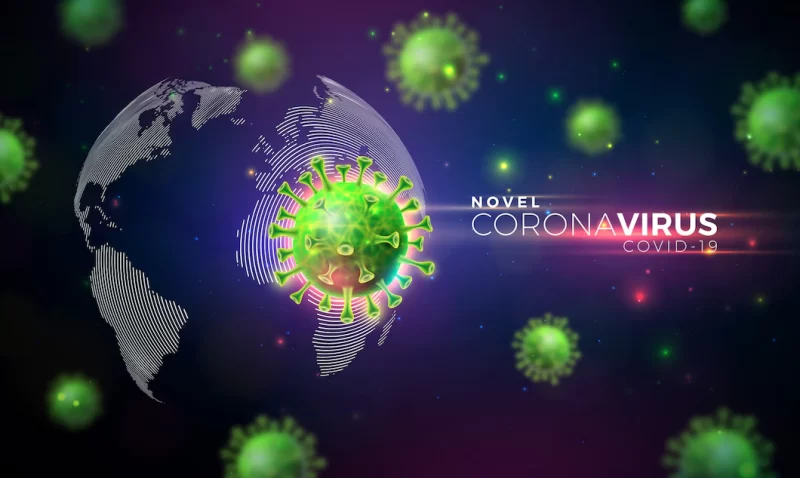 Covid-19. coronavirus outbreak design with virus cell in microscopic view on world map backgrou