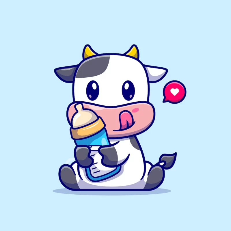 Cute baby cow holding milk cartoon vector icon illustration. animal food icon concept isolated pr