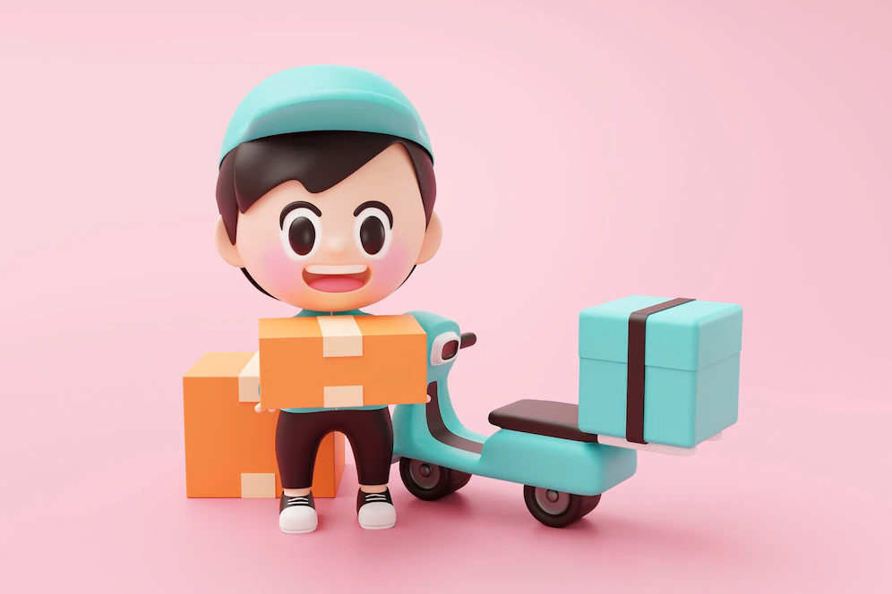 Cute Delivery Man With Scooter Motorcycle Stand Pink Background Carrying Cardboard Boxes Illustration 3d Rendering 56104 1206