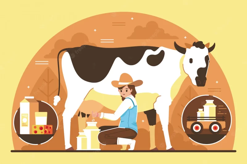 Cute girl milking a cow illustration concept Premium Vector