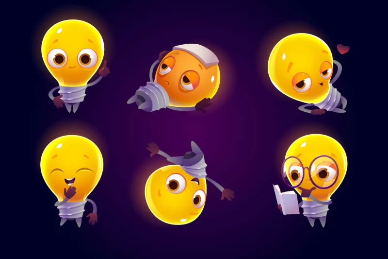 Cute light bulb character in different poses Free Vector