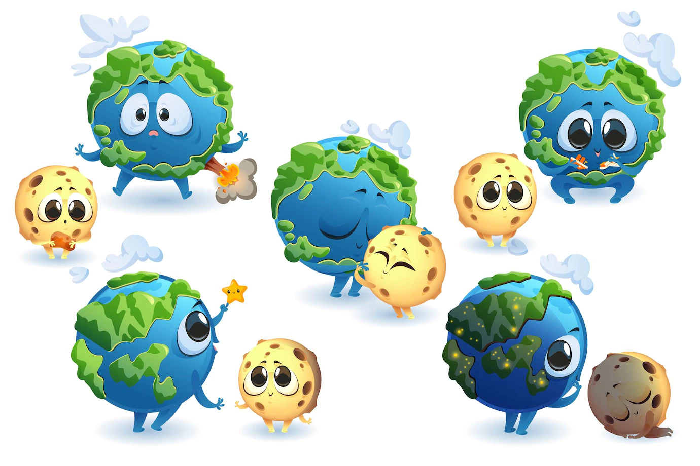 Cute Planet Earth Moon Characters Different Poses Isolated Set Cartoon Funny Planet Satellite Smile Embrace Sleep Play Earth With Volcano Clouds 107791 6764