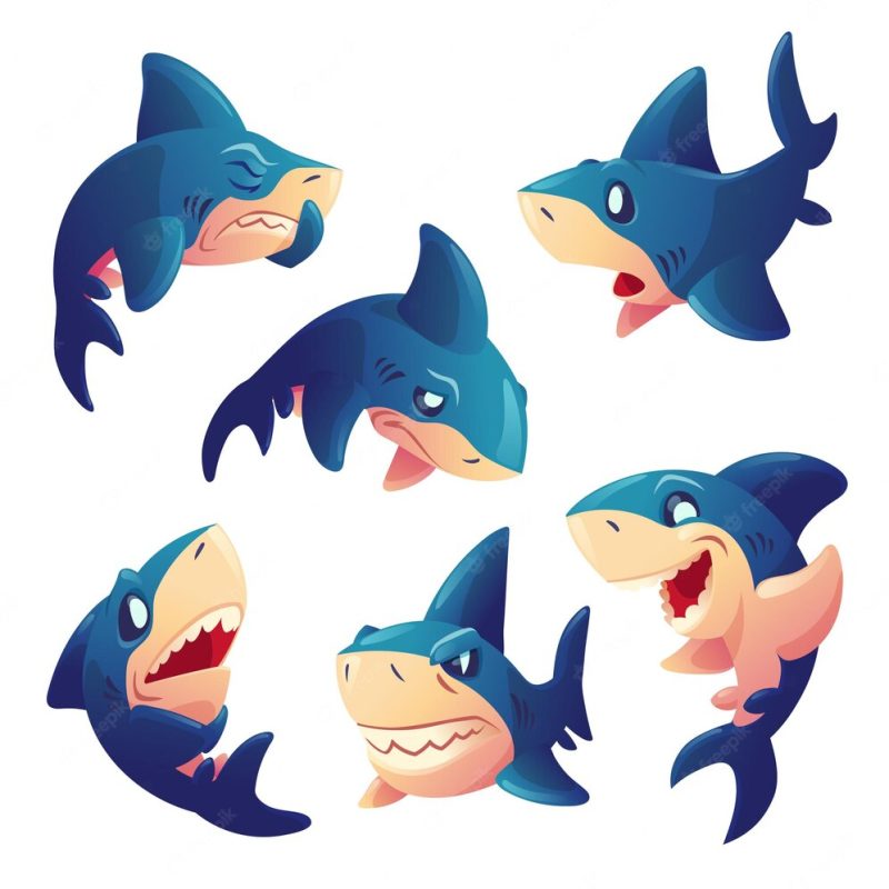 Cute shark character with different emotions isolated on white background. vector set of cartoon mascot,