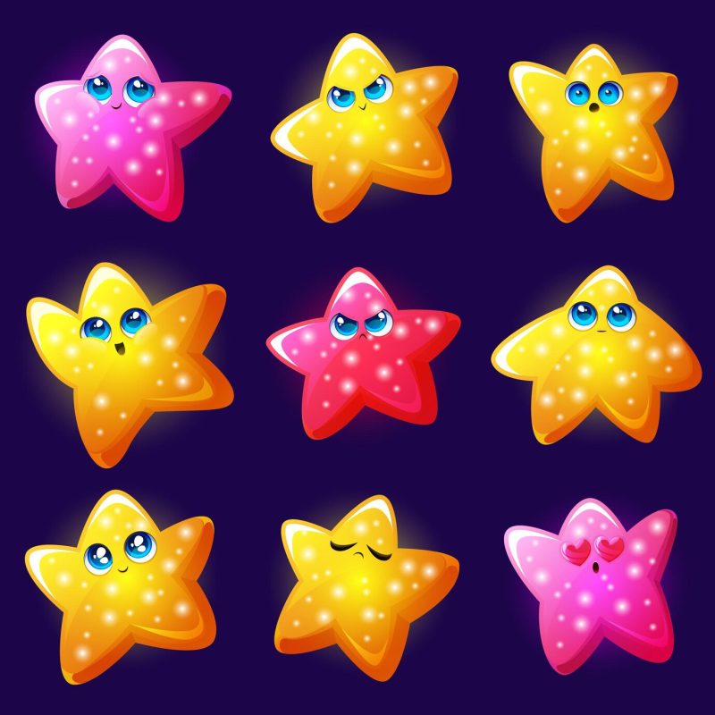 Cute star emoji, gold shiny faces with different emotions isolated on blue background. vector cartoon set of funny star character with happy smile, excited, angry, arrogant, confused and in love Free Vector
