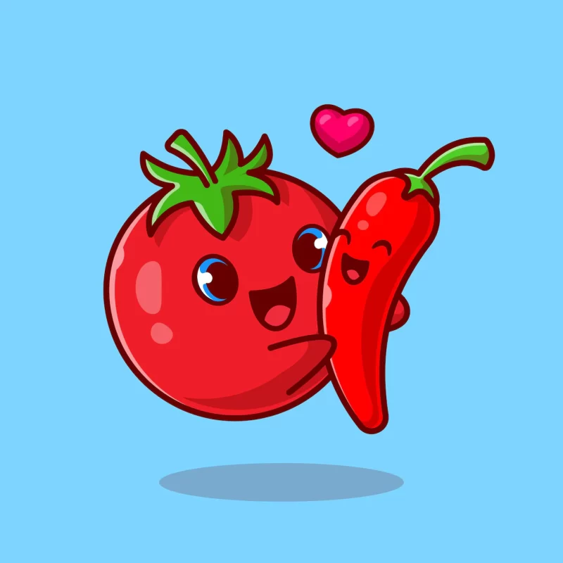 Cute tomato hug chili couple cartoon Free Vector