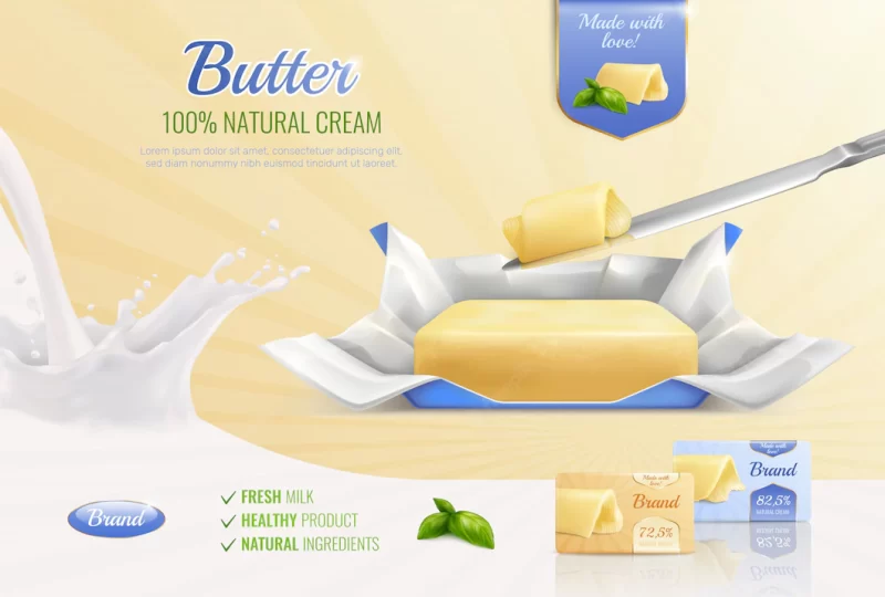 Dairy butter realistic composition as mockup for advertising brand with text fresh milk healthy pr