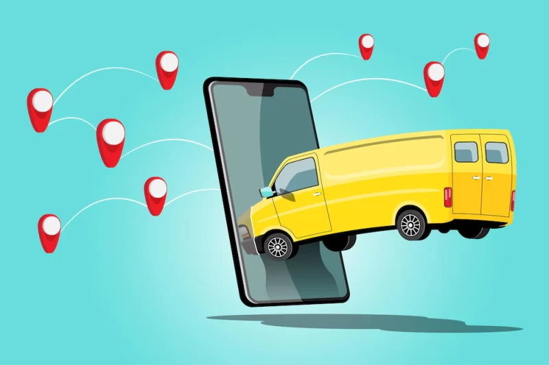 Delivery car truck with order on smartphone application, and checking mark point on