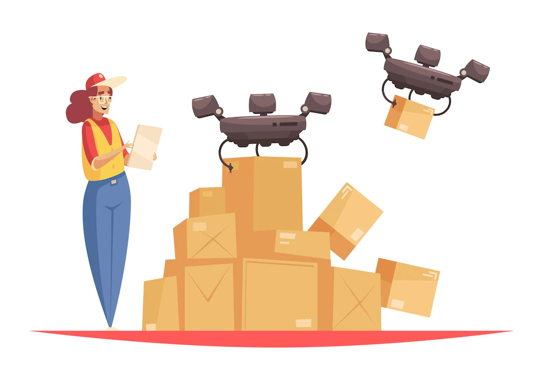 Delivery Composition With Female Logistics Worker Uniform With Flying Quadcopter Drones Carrying Boxes Vector Illustration 1284 66230