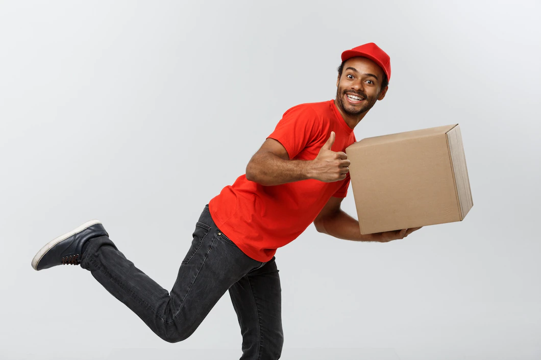 Delivery Concept Handsome African American Delivery Man Rush Running Delivering Package Customer Isolated Grey Studio Background Copy Space 1258 1211