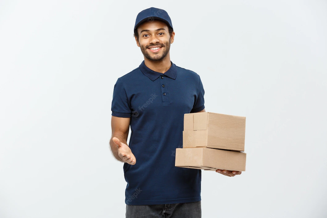 Delivery Concept Portrait Happy African American Delivery Man Red Cloth Holding Box Package Isolated Grey Studio Background Copy Space 1258 1259