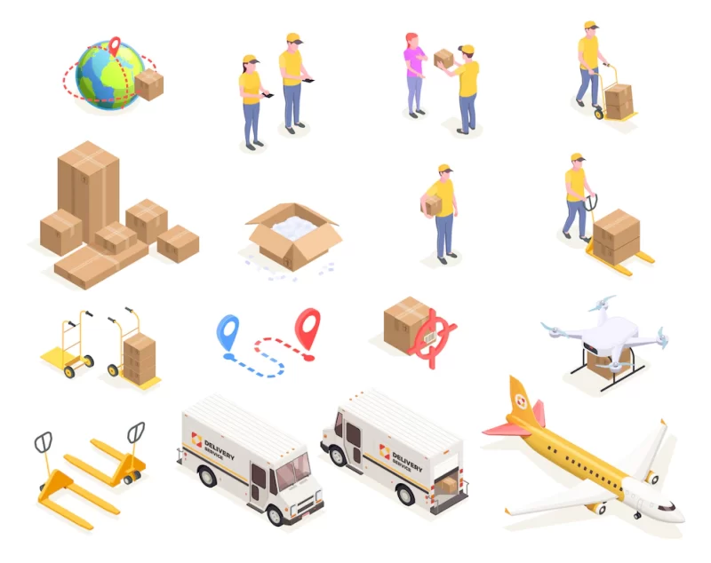 Delivery logistics shipment isometric icons set with isolated images of cardboard boxes and people in uniform illustration Free Vector