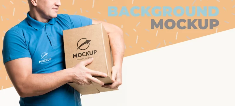 Delivery man holding a box mock-up Free Psd