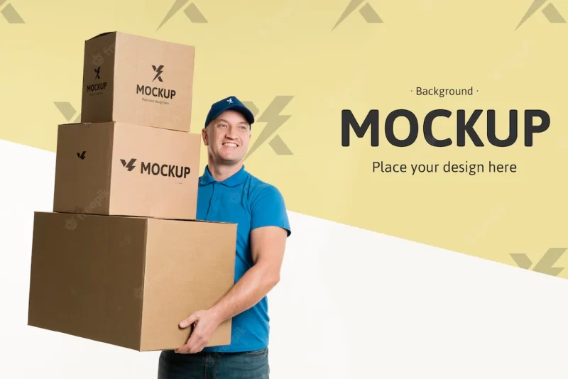 Delivery man holding a bunch of boxes Free Psd