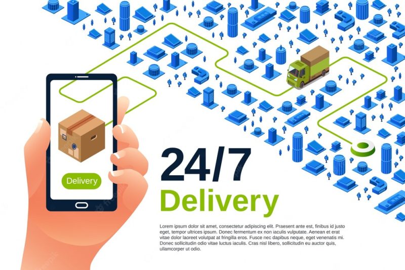 Delivery service illustration of isometric logistics shipment poster for advertising Free Vector