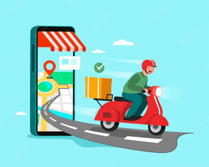 Delivery staff ride motorcycles , shopping concept. Free Vector