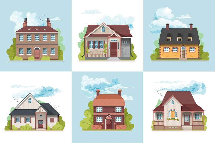 Design Concept Various Suburban Village Houses Flat Illustration 1284 62936