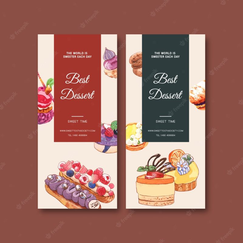 Dessert flyer design with cupcake, cookie, tart cake watercolor isolated illustration. Free Vector