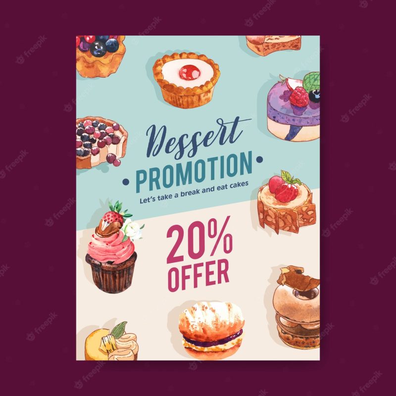 Dessert flyer design with mousses cake, tart, cupcake, lemon tart watercolor illustration. Free Vector