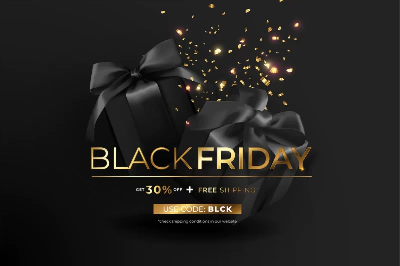 Elegant black friday banner with presents and confetti Free Vector