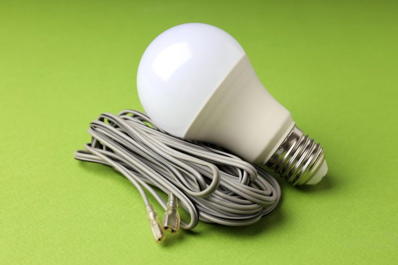 Energy saving bulb and wire on green background Free Photo