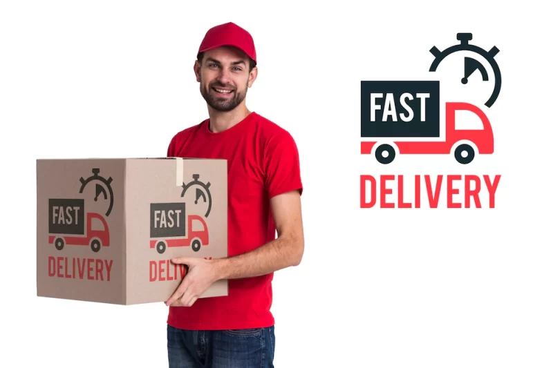 Fast delivery and man in red costume Free Psd