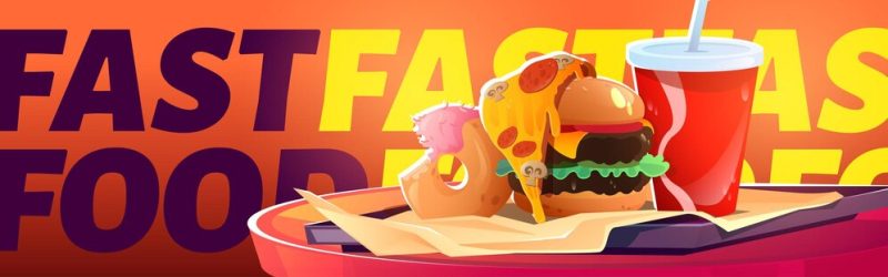 Fast food restaurant poster with burger, pizza Free Vector