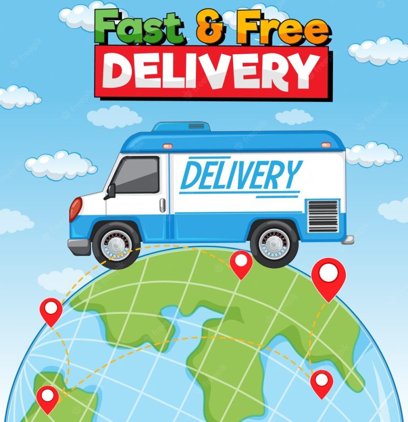 Fast and free delivery logo with delivery truck on the earth Free Vector