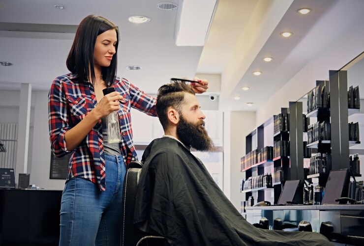 Female Hairdresser Cutting Hair Bearded Hipster Male Saloon 613910 5604