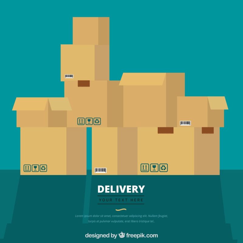 Flat composition with piled carton boxes Free Vector