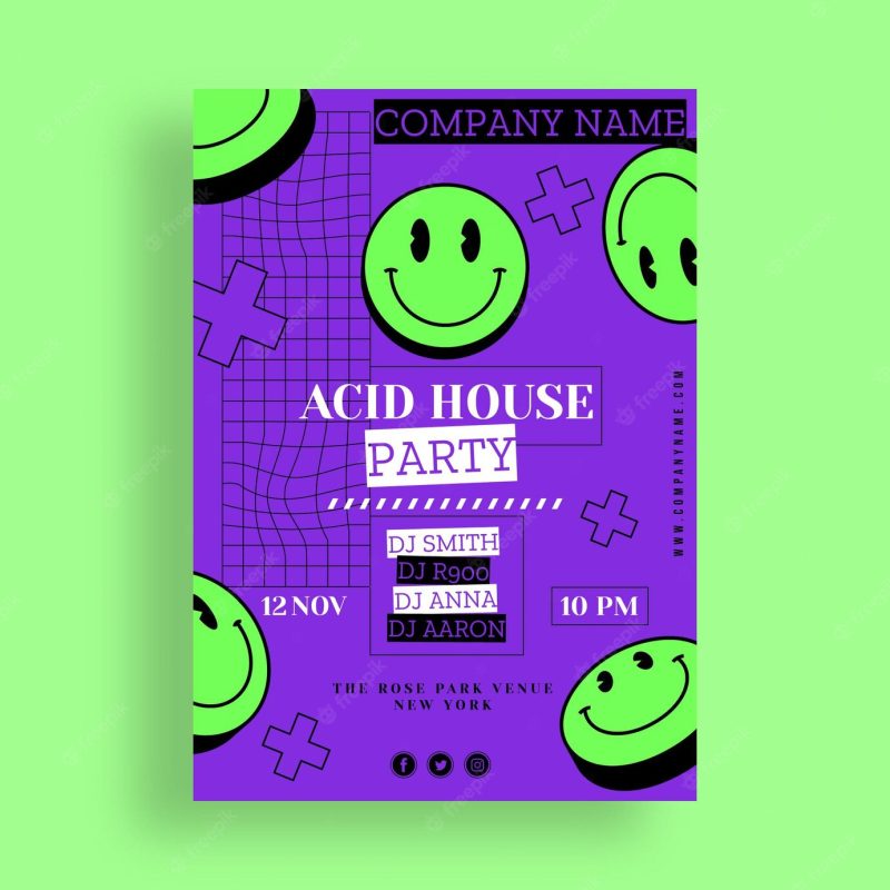 Flat design acid party emoji poster Free Vector