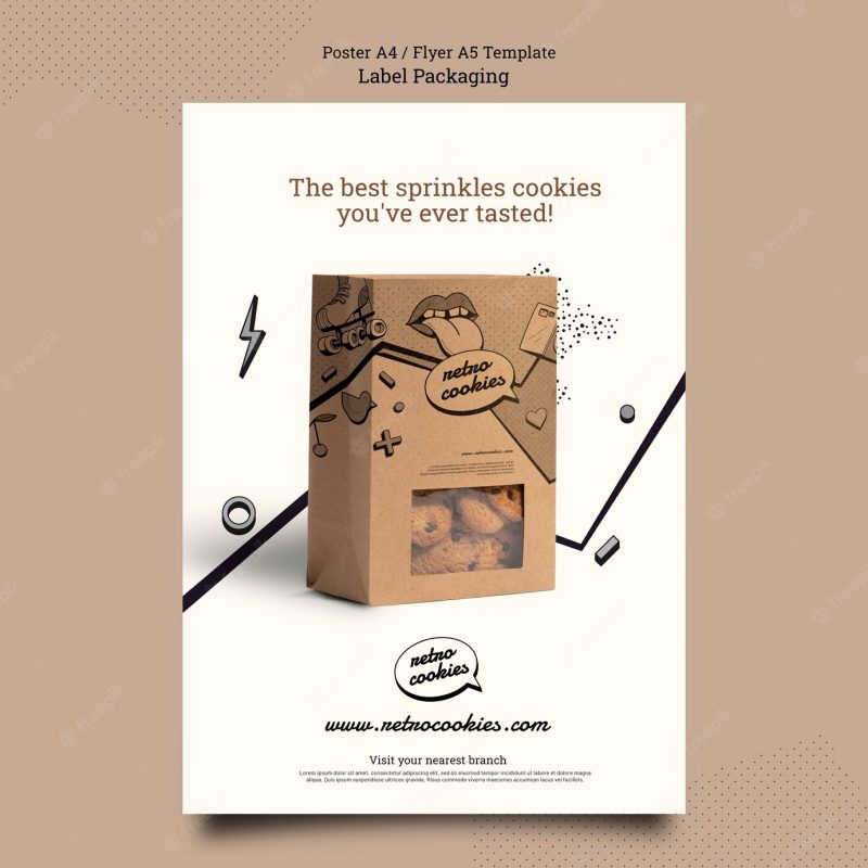 Flat design cookies packaging poster template Free Psd