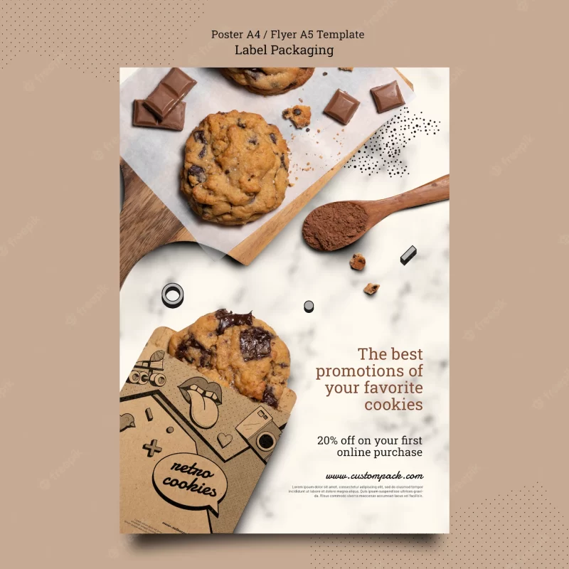 Flat design cookies packaging poster template Free Psd Flat design cookies packaging poster template Free Psd