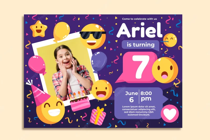 Flat emoji birthday invitation with photo Free Vector