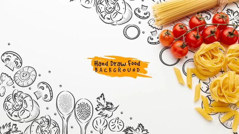 Flat lay uncooked tagliatelle and spaghetti and tomatoes with hand drawn background Free Psd