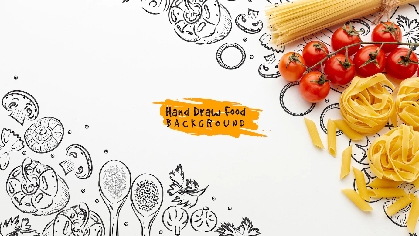 Flat Lay Uncooked Tagliatelle Spaghetti Tomatoes With Hand Drawn Background 23 2148396503