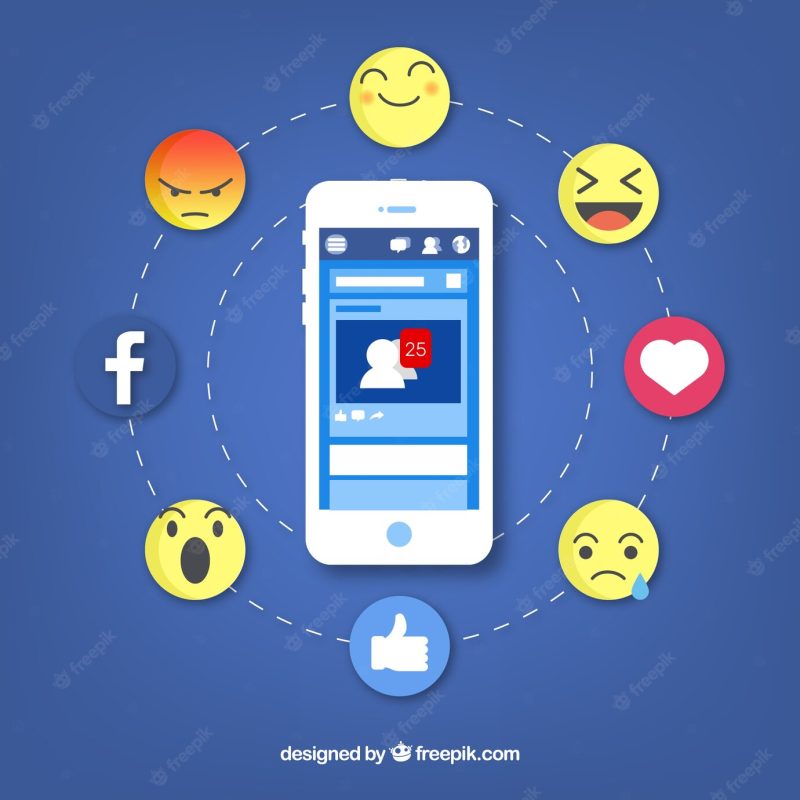 Flat mobile with facebook notifications and emojis Free Vector