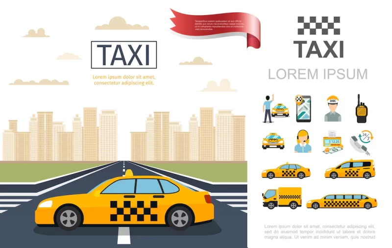 Flat taxi service composition with taxi cab on road passenger operator driver counter money r